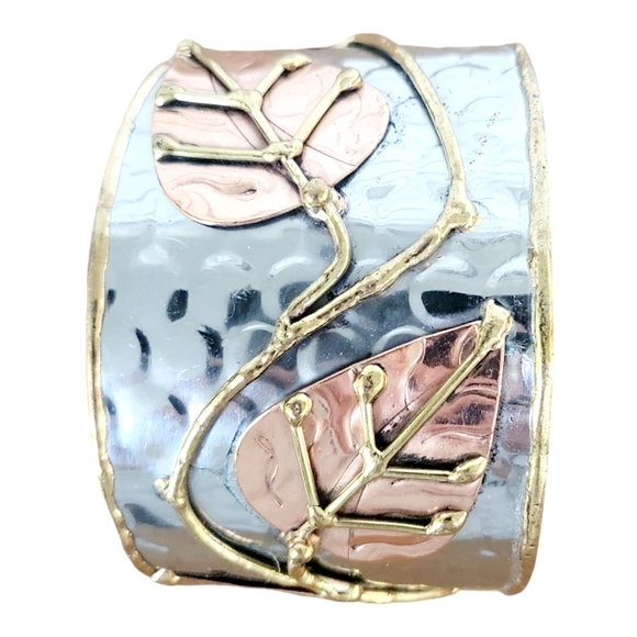 Anju Metal Hammered Mixed Metal Leaf Cuff Bracelet - Picture 4 of 12
